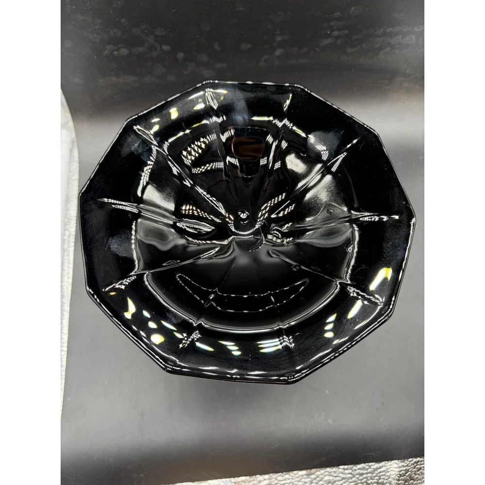 Vintage Black Amethyst Glass Compote Pedestal Dish Octagonal Rim 7.25 inch